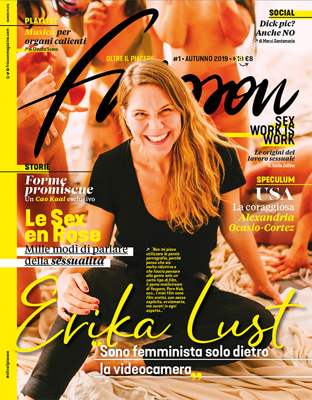copertina di frisson 1 con erika lust seduta a terra sorridente. dietro di le alcune donne nude