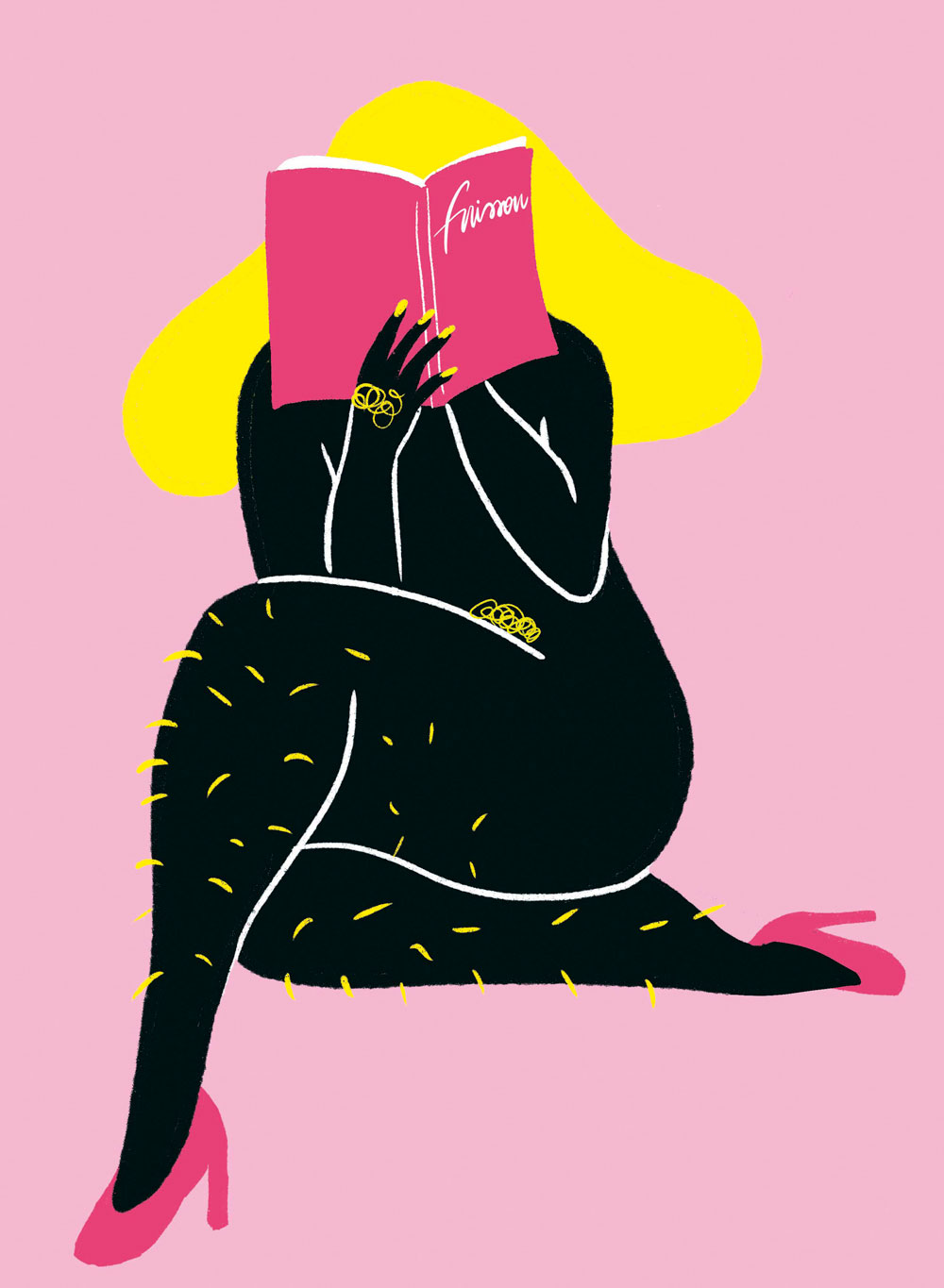 illustrazione di persona con peli e scarpe con tacco che legge il magazine frisson