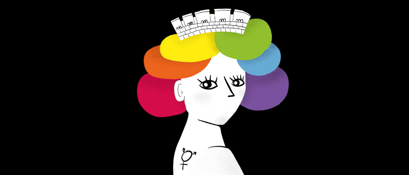 illustrazione dell'italia turrita con capelli arcobaleno e il simbolo del femminismo come tatuaggio