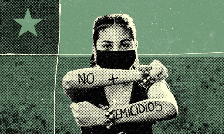 collage con donna cilena che indossa una bandana e sulle braccia ha scritto no + femicidios. sullo sfondo la bandiera del cile