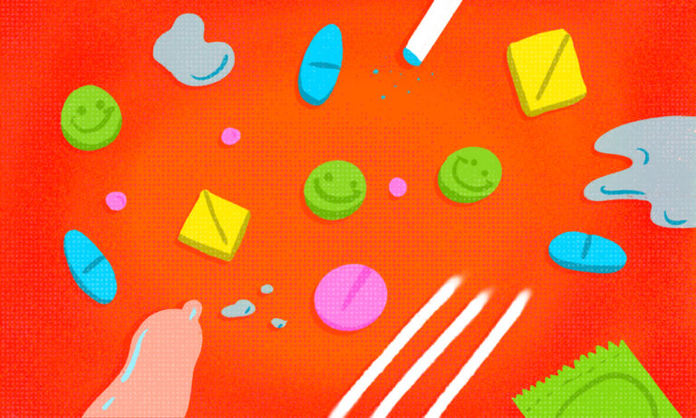illustrazione di droghe in pasticche e cristalli colorati su un fondo arancione, fra schizzi liquidi e un preservativo
