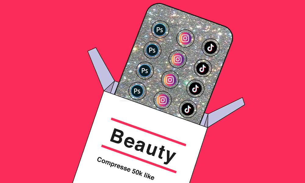 illustrazione di una scatola di pasticche con la scritta Beauty, con blister glitterato e pillole con loghi di Photoshop, Instagram e TikTok
