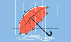 illustrazione del lavoro sessuale: un ombrello rosso a terra sotto la pioggia, fondo azzurro