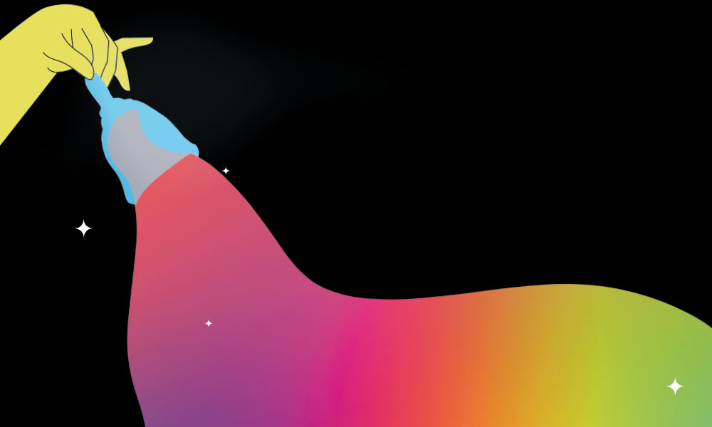 illustrazione di una mano gialla che regge una coppetta con sangue arcobaleno che si svuota